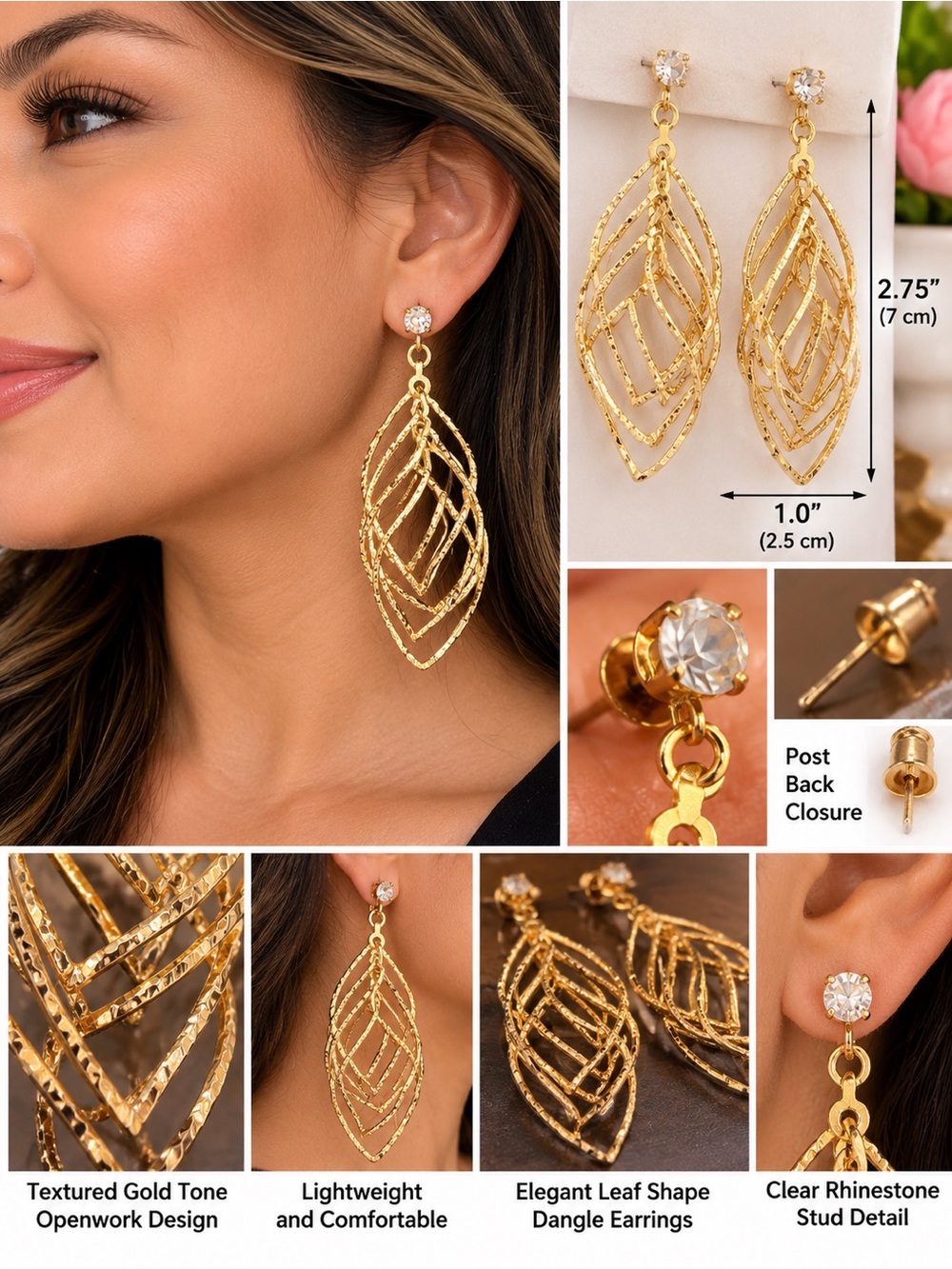 Gold Leaf Dangle Earrings with Clear Rhinestone Stud - Women Jewelry